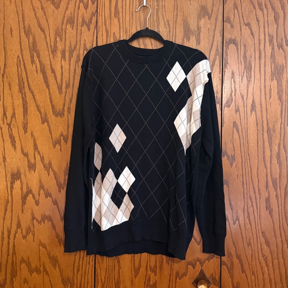 BKE Argyle Sweater Black Tan Cotton Knit Pullover Size L
